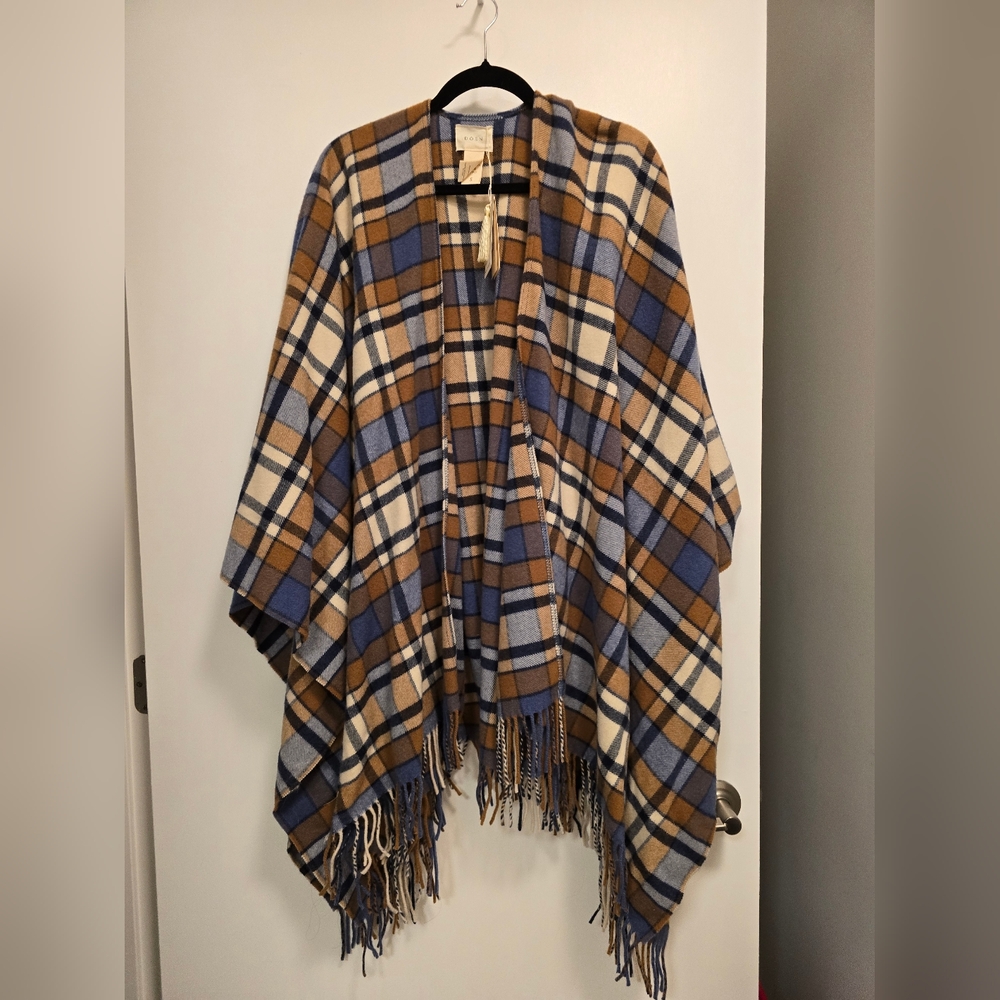 Doen Ember Wrap Saint Moritz Plaid Blue Tan Wool Cashmere Fringe Trim Small NEW